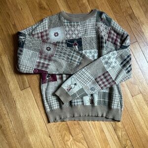 Orvis Men's Patchwork Crewneck Sweater with - Beige and Burgundy